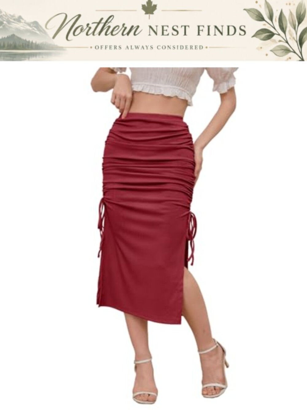 Women's Midi Bodycon Skirt High Waisted Ruched Drawstring Slit Stretchy
